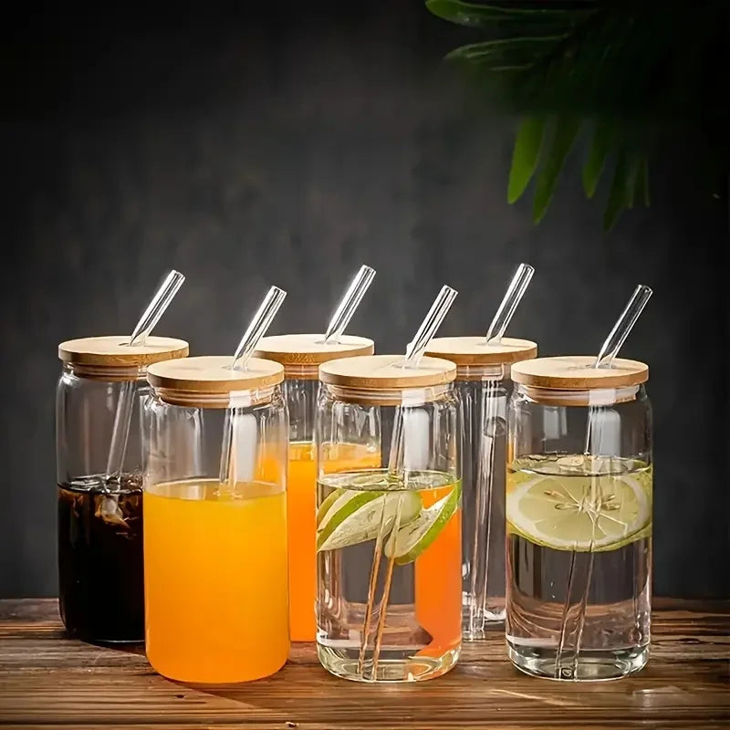 6 18.6oz Drinking Glasses, Bamboo Lids, Glass Straw