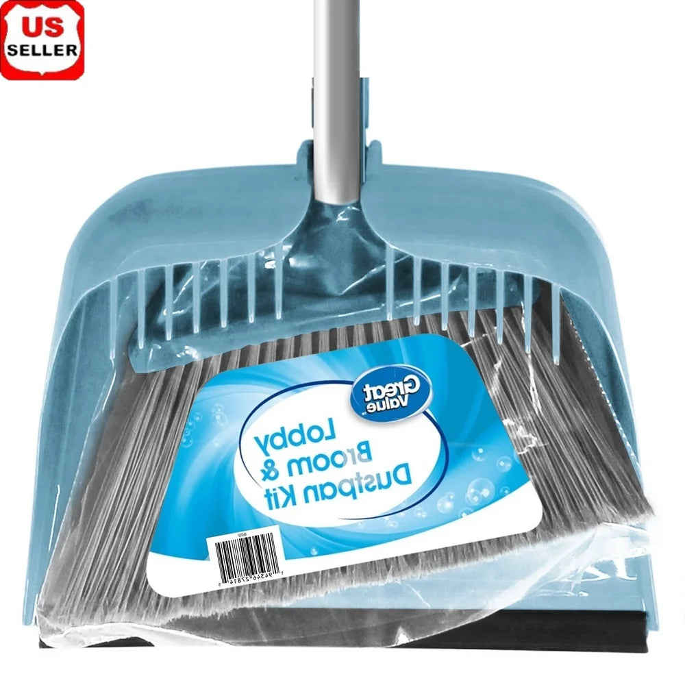 Broom Dustpan, Long Handle, Compact Durable Rubber