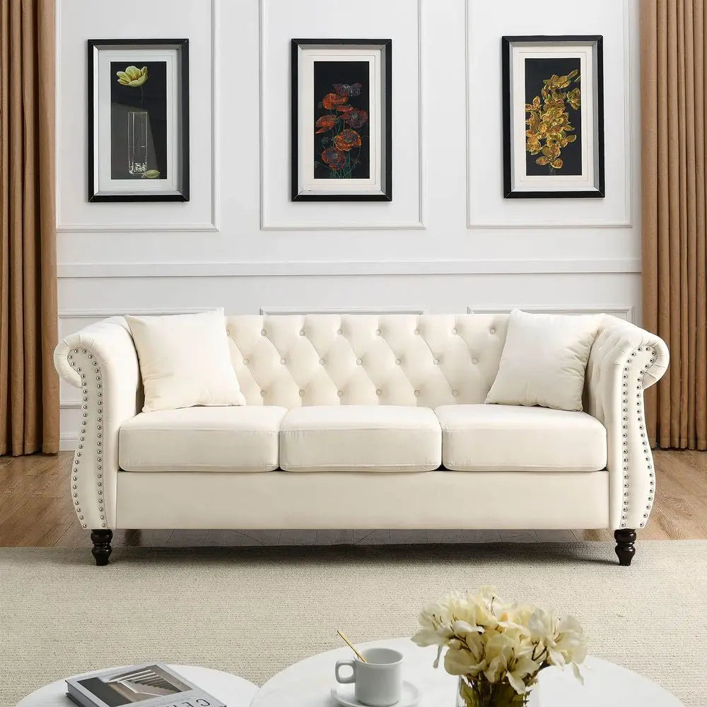 Chesterfield Loveseat Velvet, Two Pillows,Rolled Arms