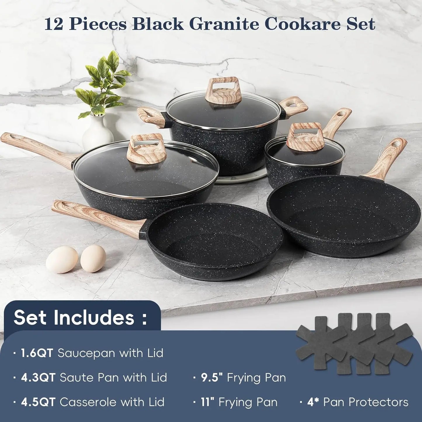 12 Non-Stick Cookware Set Granite Coating