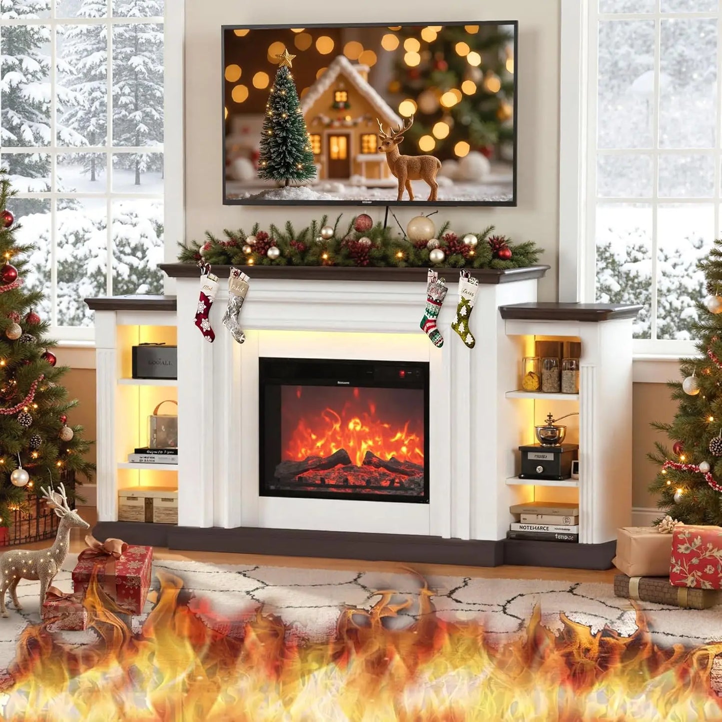72'' Electric Fireplace Mantel, Entertainment Center Open Storage