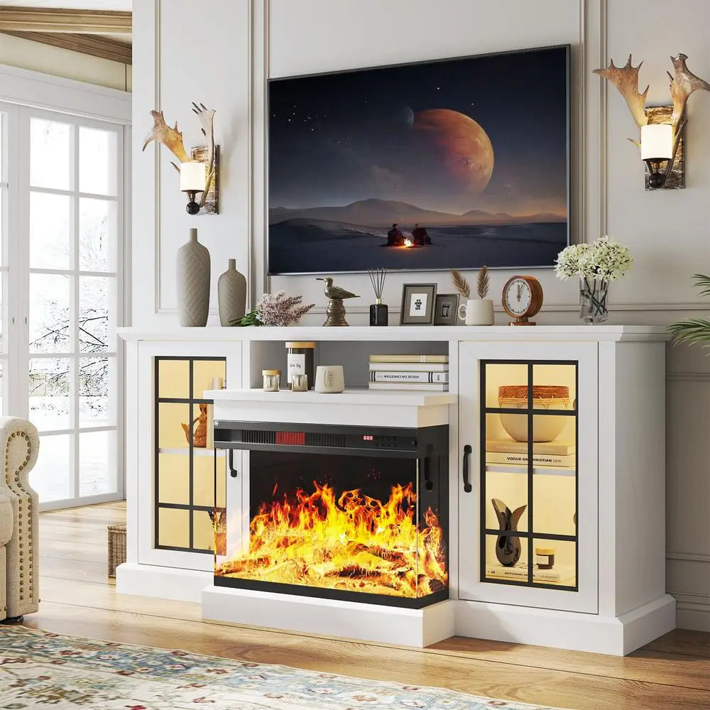 Fireplace TV Stand, Sided Glass Media Entertainment Center