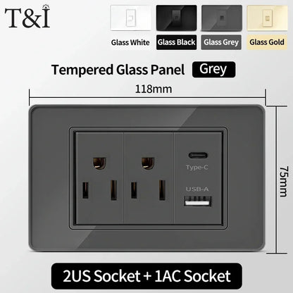118 Series 118*75mm Tempered Glass US Thai Wall Socket Dual USB Type-C Ports Light Switch Smart Home Appliance 110V Home Office