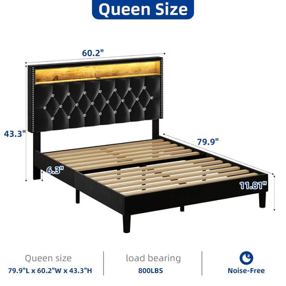 Queen LED Upholstered Bed Frame with Headboard