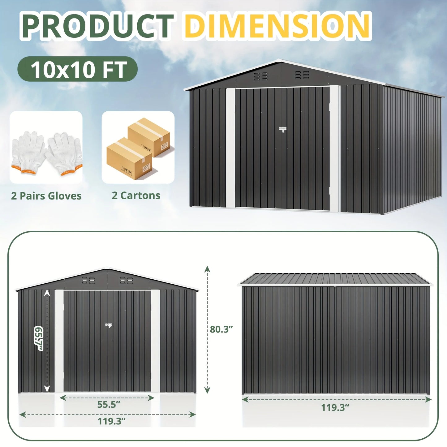10x10~12x18FT Metal Storage Heavy-Duty Frame Shed