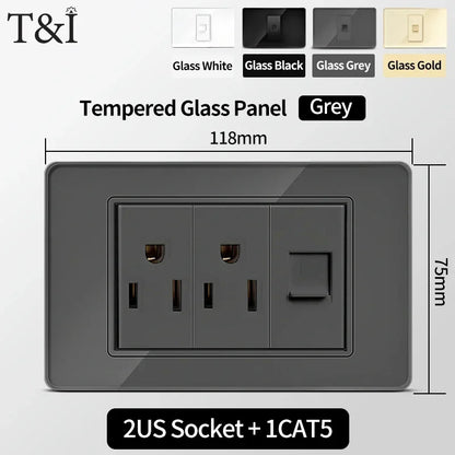 118 Series 118*75mm Tempered Glass US Thai Wall Socket Dual USB Type-C Ports Light Switch Smart Home Appliance 110V Home Office