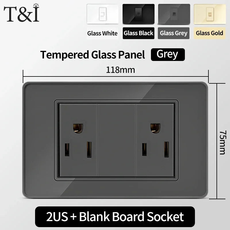 118 Series 118*75mm Tempered Glass US Thai Wall Socket Dual USB Type-C Ports Light Switch Smart Home Appliance 110V Home Office