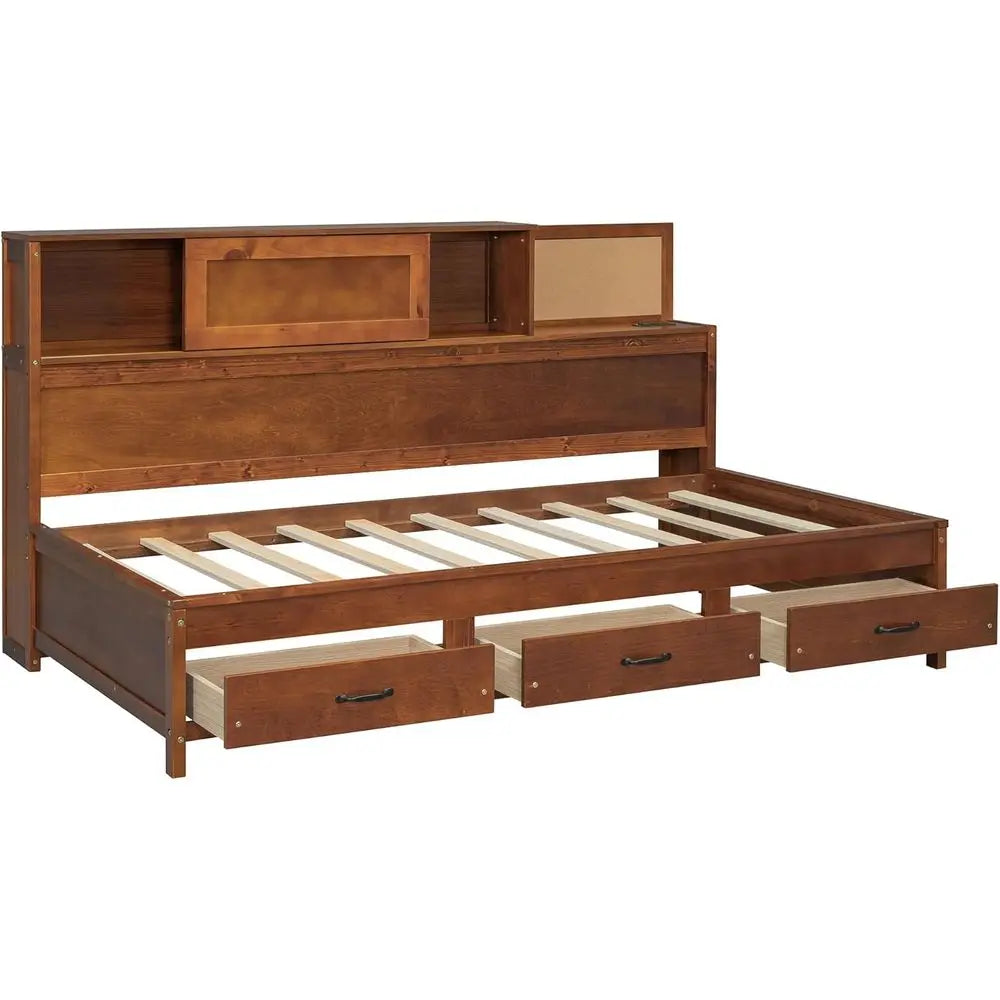 Wooden Daybed with 3 Storage Drawers and Shelves