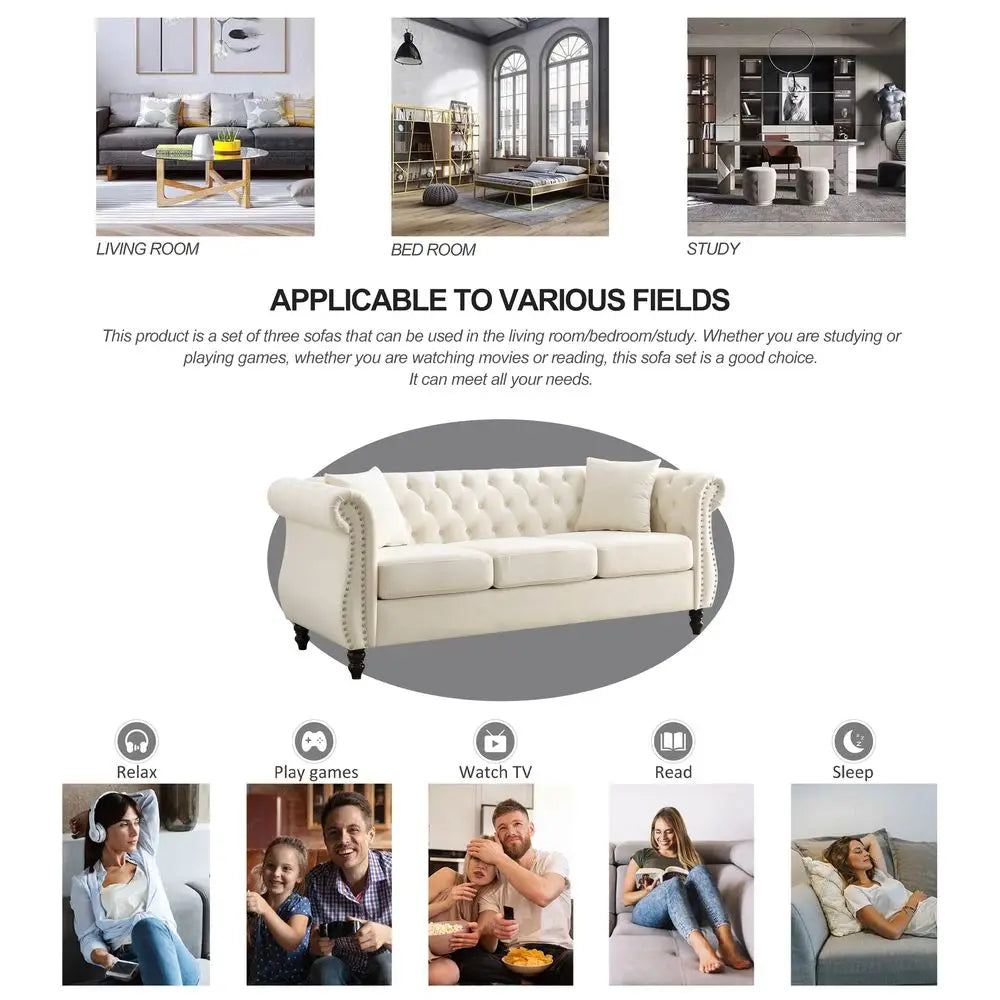 Chesterfield Loveseat Velvet, Two Pillows,Rolled Arms