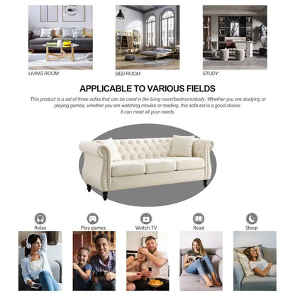 Chesterfield Loveseat Velvet, Two Pillows,Rolled Arms