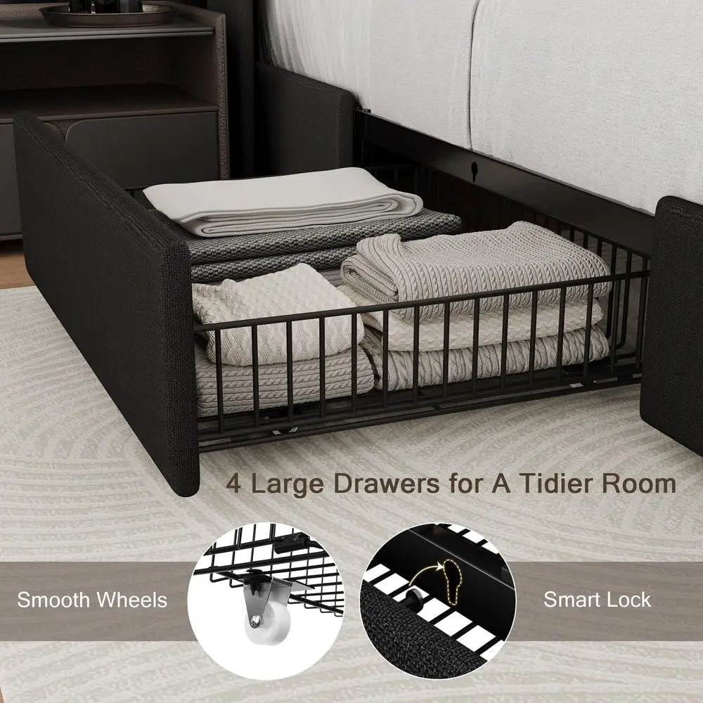 Queen Bed Frame with 4 Storage Drawers