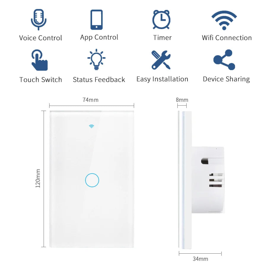 Tuya Smart Switches US Neutral Wire/No Neutral Wire Required 1/2/3/4 Gang Light WiFi Touch Switch Work with Alexa Google Home
