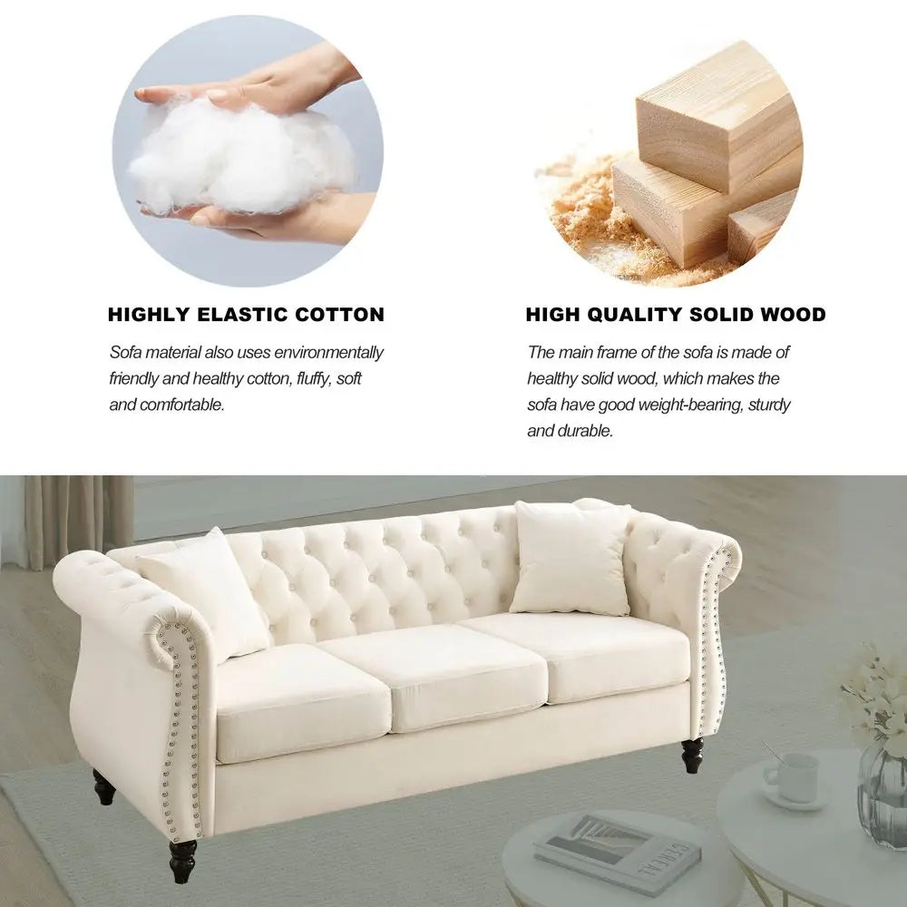 Chesterfield Loveseat Velvet, Two Pillows,Rolled Arms