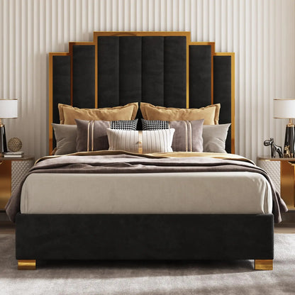 King Size Upholstered Bed, Modern Velvet Frame