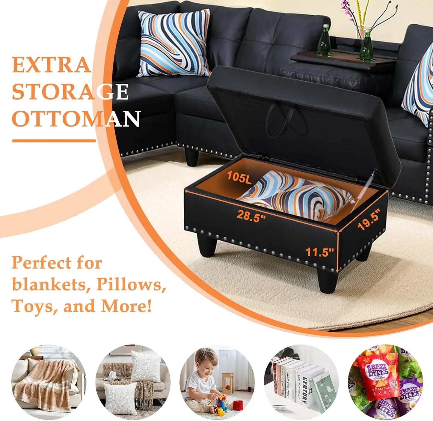 Sectional Sofa Couch, Modern, Chaise Lounge, 2 Pillows