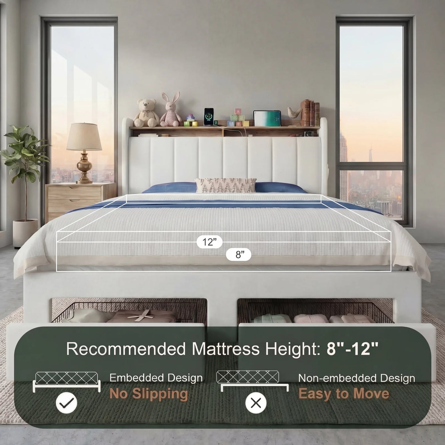 Bed Frame, 2 Storage Drawers/Tier Shelves