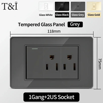 118 Series 118*75mm Tempered Glass US Thai Wall Socket Dual USB Type-C Ports Light Switch Smart Home Appliance 110V Home Office
