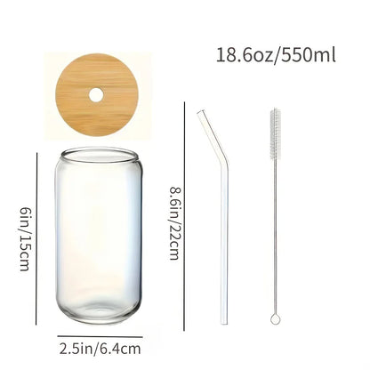 6 18.6oz Drinking Glasses, Bamboo Lids, Glass Straw
