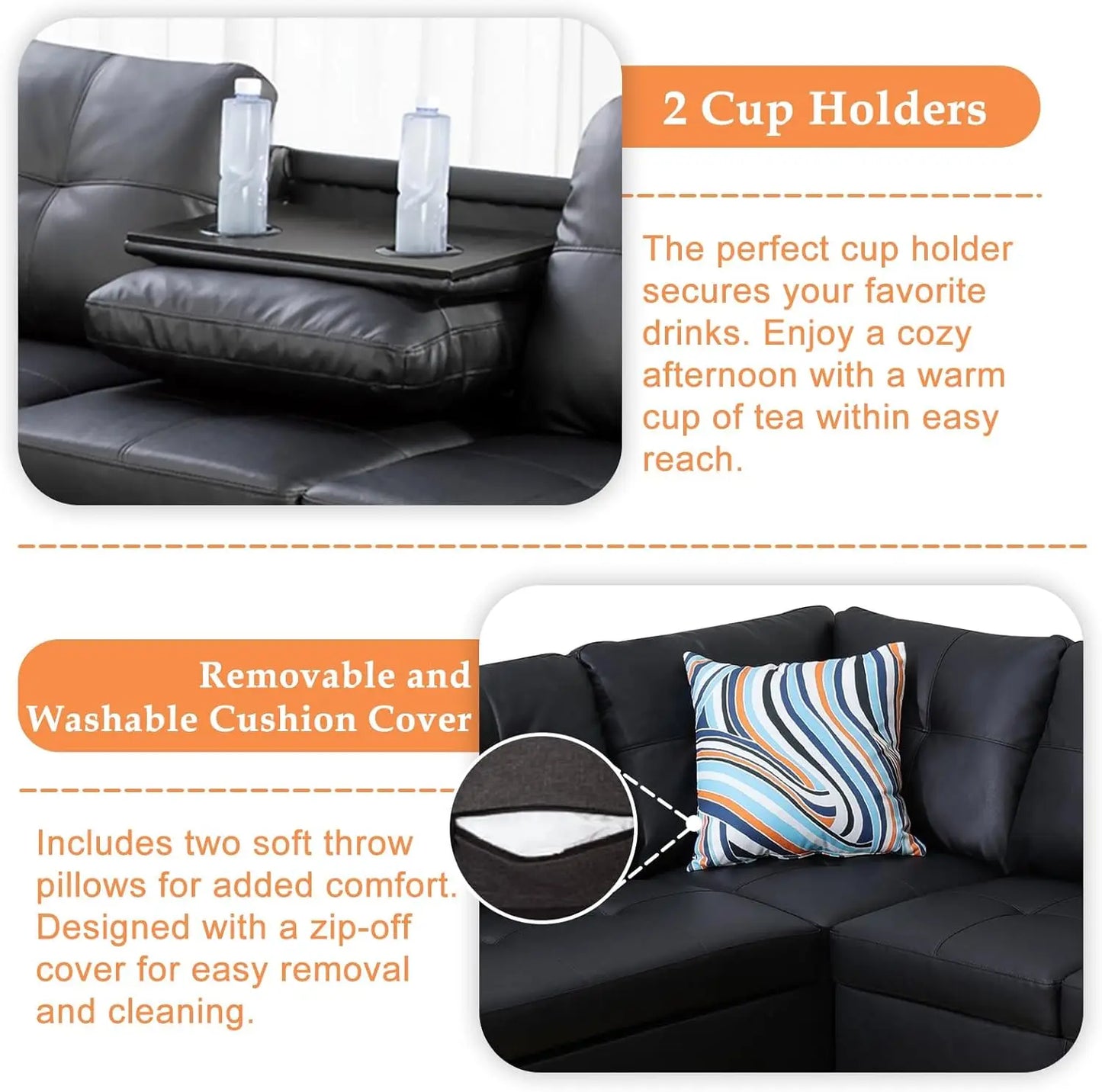 Sectional Sofa Couch, Modern, Chaise Lounge, 2 Pillows
