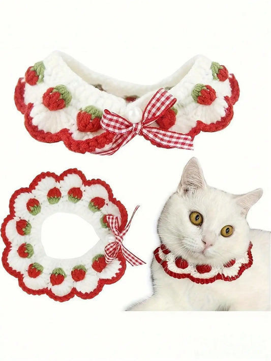 Sweet Strawberry Bow Crochet Cat Collar