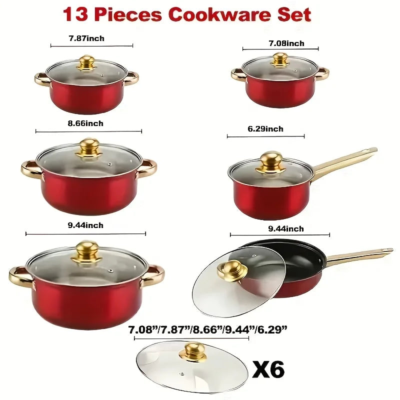 13pcs Stainless Steel Cookware Set, Golden Handles