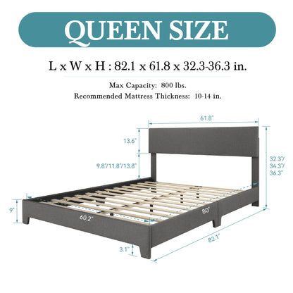 Full/Queen/King Upholstered Bed Frame Adjustable Linen Headboard