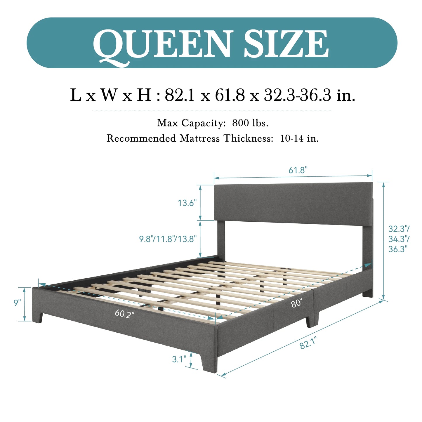 Full/Queen/King Upholstered Bed Frame Adjustable Linen Headboard