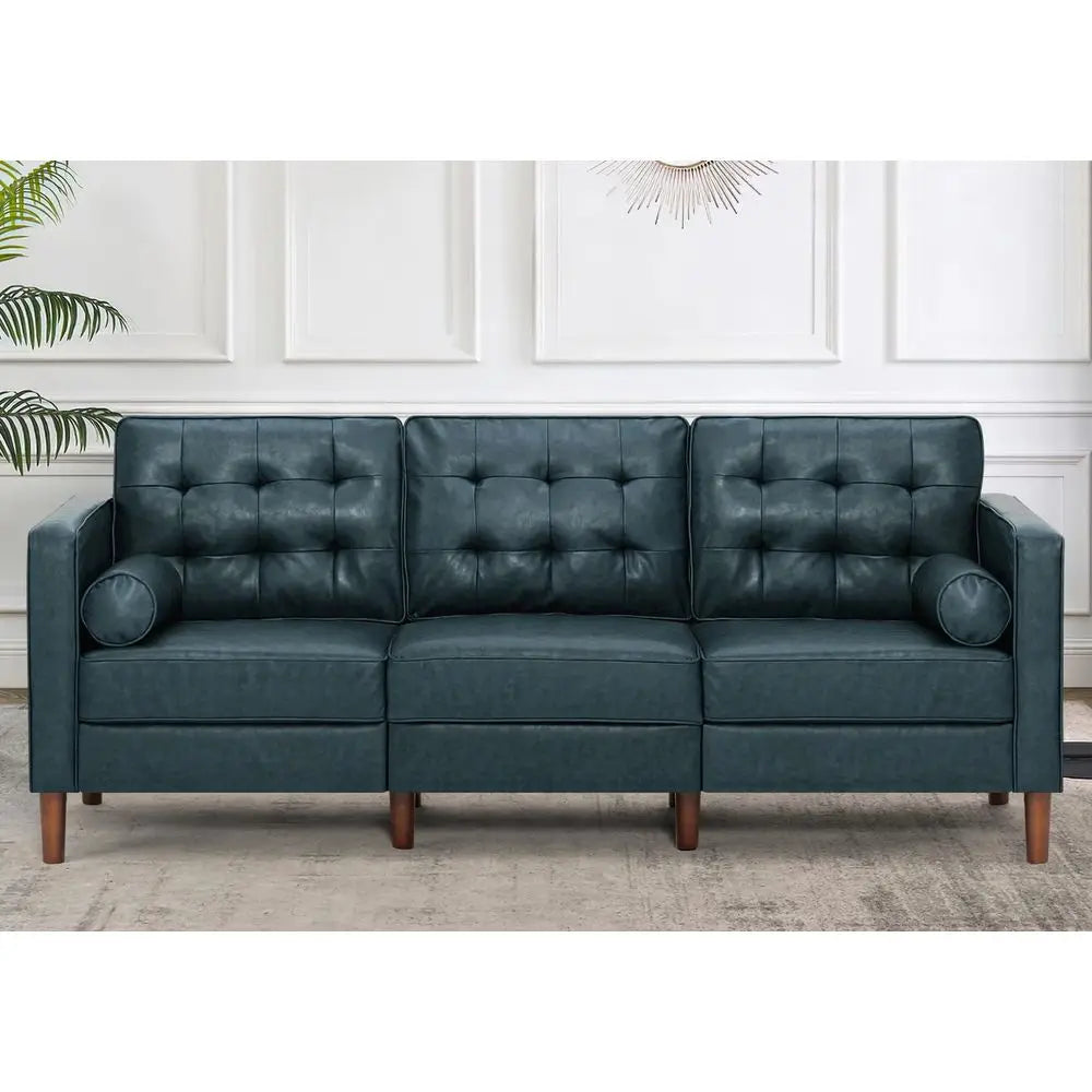 Faux Leather, Tufted Backrest, Couch, Pillows, MidCentury