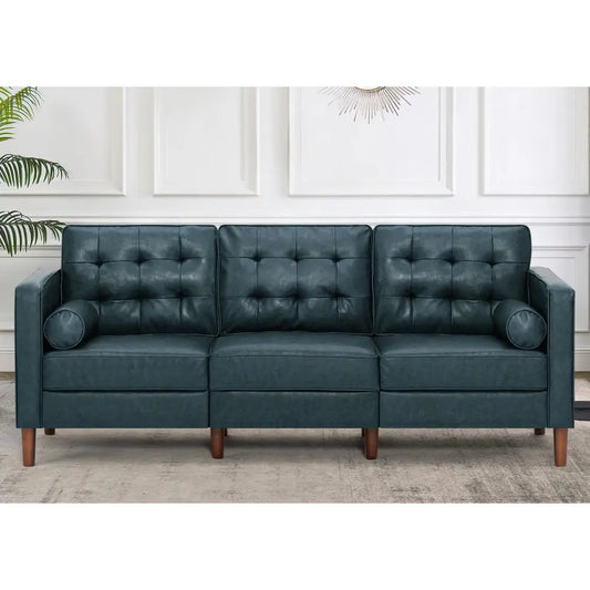 Faux Leather, Tufted Backrest, Couch, Pillows, MidCentury