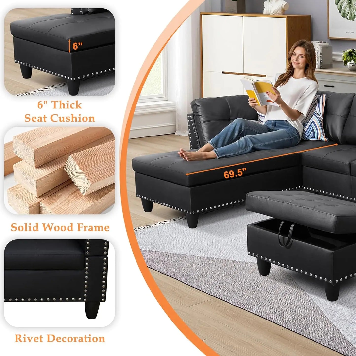 Sectional Sofa Couch, Modern, Chaise Lounge, 2 Pillows