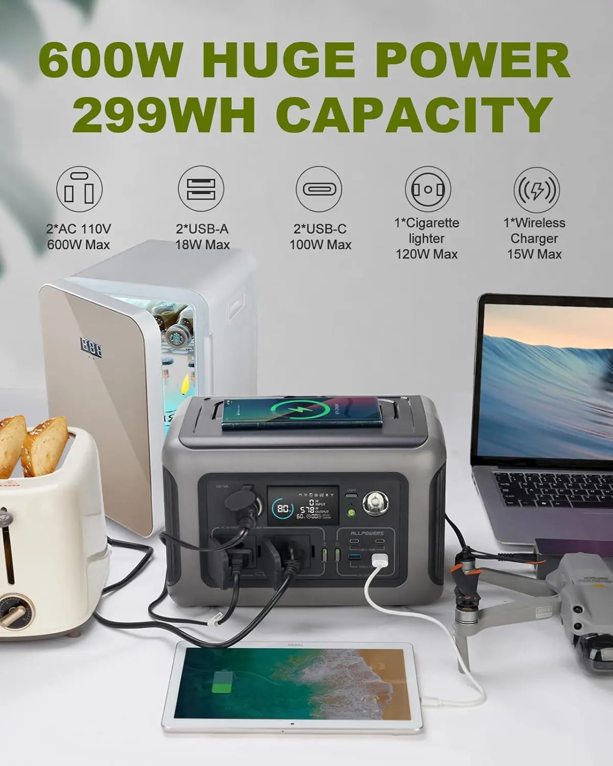 Portable Power Station R600, 299Wh LiFeP04 Battery