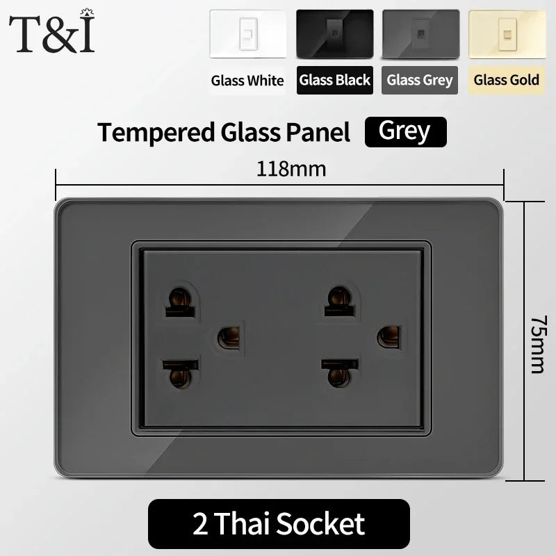 118 Series 118*75mm Tempered Glass US Thai Wall Socket Dual USB Type-C Ports Light Switch Smart Home Appliance 110V Home Office