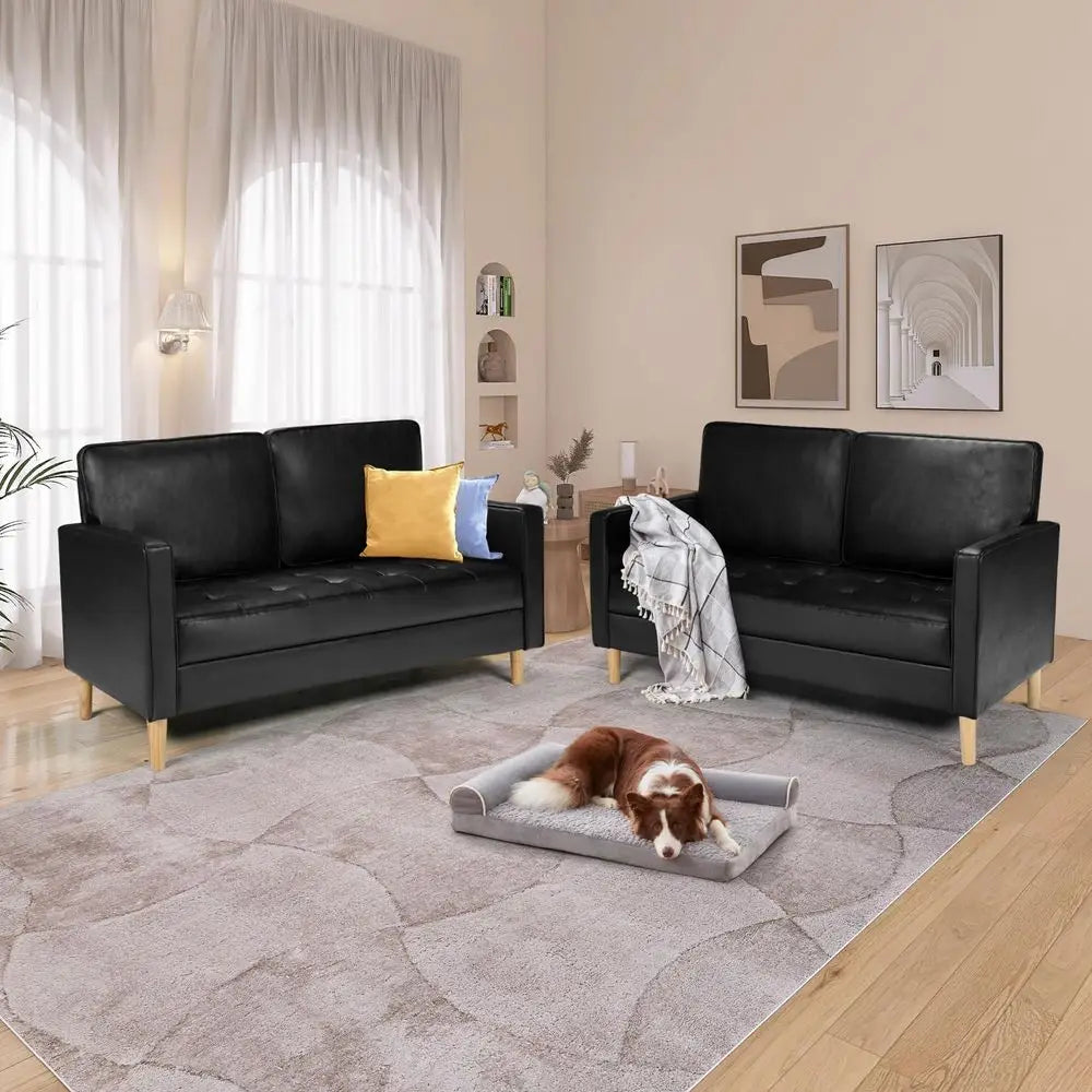 Black Faux Leather MidCentury Modern Comfy Loveseat