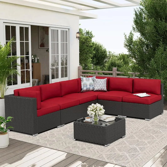 7-Piece Wicker Sectional Glass Top Table