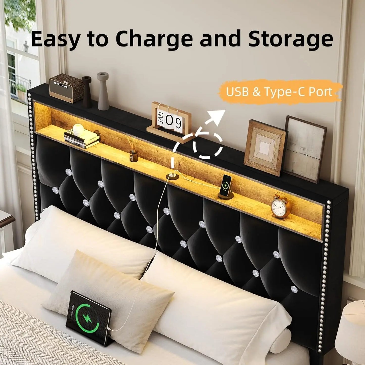 Queen LED Upholstered Bed Frame with Headboard