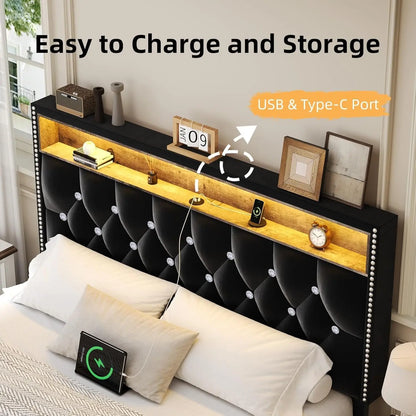 Queen LED Upholstered Bed Frame with Headboard
