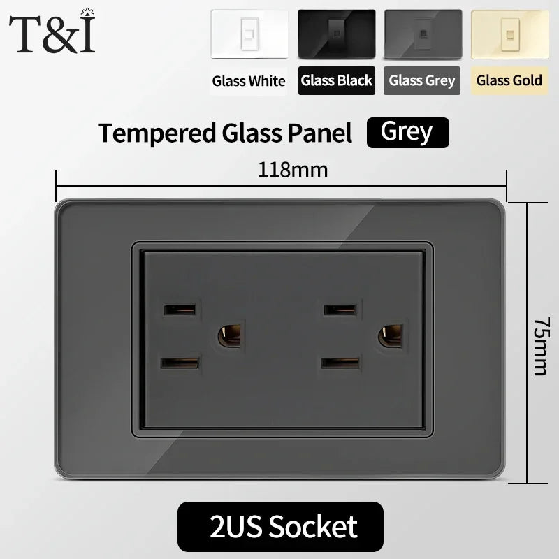 118 Series 118*75mm Tempered Glass US Thai Wall Socket Dual USB Type-C Ports Light Switch Smart Home Appliance 110V Home Office