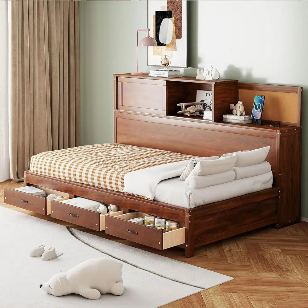 Wooden Daybed with 3 Storage Drawers and Shelves