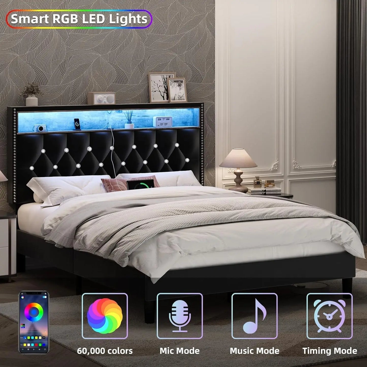 Queen LED Upholstered Bed Frame with Headboard