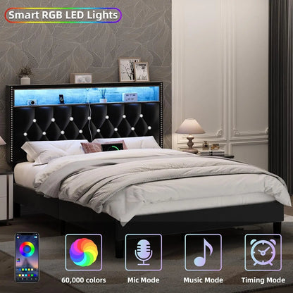 Queen LED Upholstered Bed Frame with Headboard