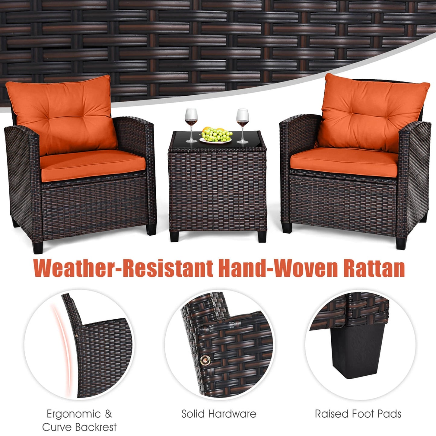 3 Piece Patio Rattan Furniture Set Cushioned