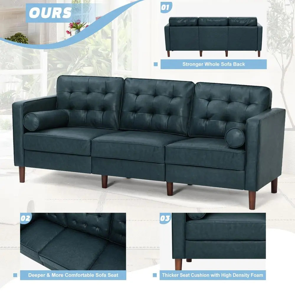 Faux Leather, Tufted Backrest, Couch, Pillows, MidCentury
