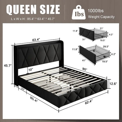 Queen Bed Frame with 4 Storage Drawers