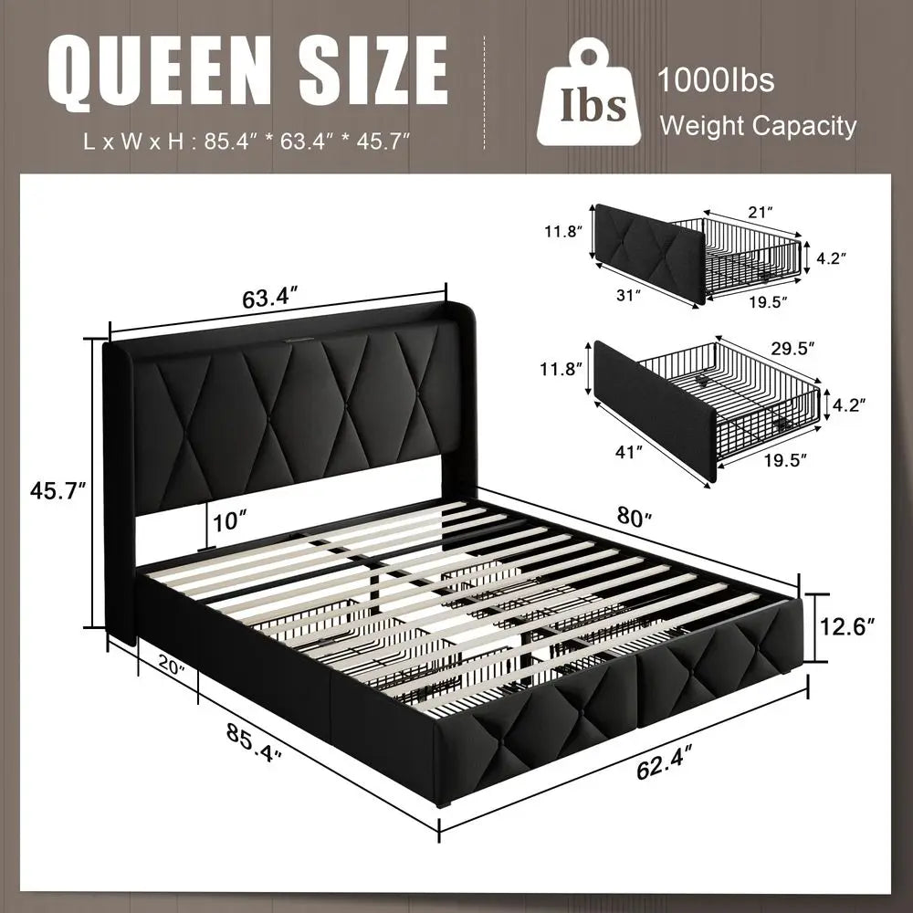 Queen Bed Frame with 4 Storage Drawers