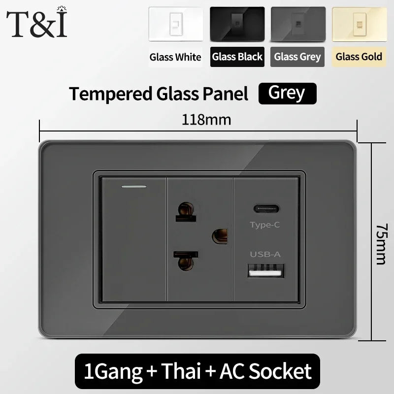 118 Series 118*75mm Tempered Glass US Thai Wall Socket Dual USB Type-C Ports Light Switch Smart Home Appliance 110V Home Office