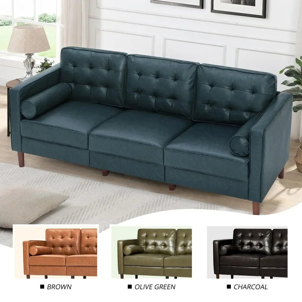 Faux Leather, Tufted Backrest, Couch, Pillows, MidCentury