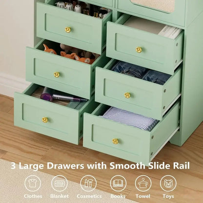 Green  Armoire with Mirror Door and 6 Drawers