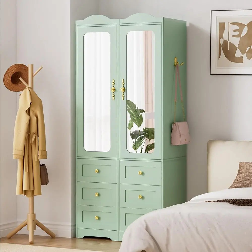Green  Armoire with Mirror Door and 6 Drawers