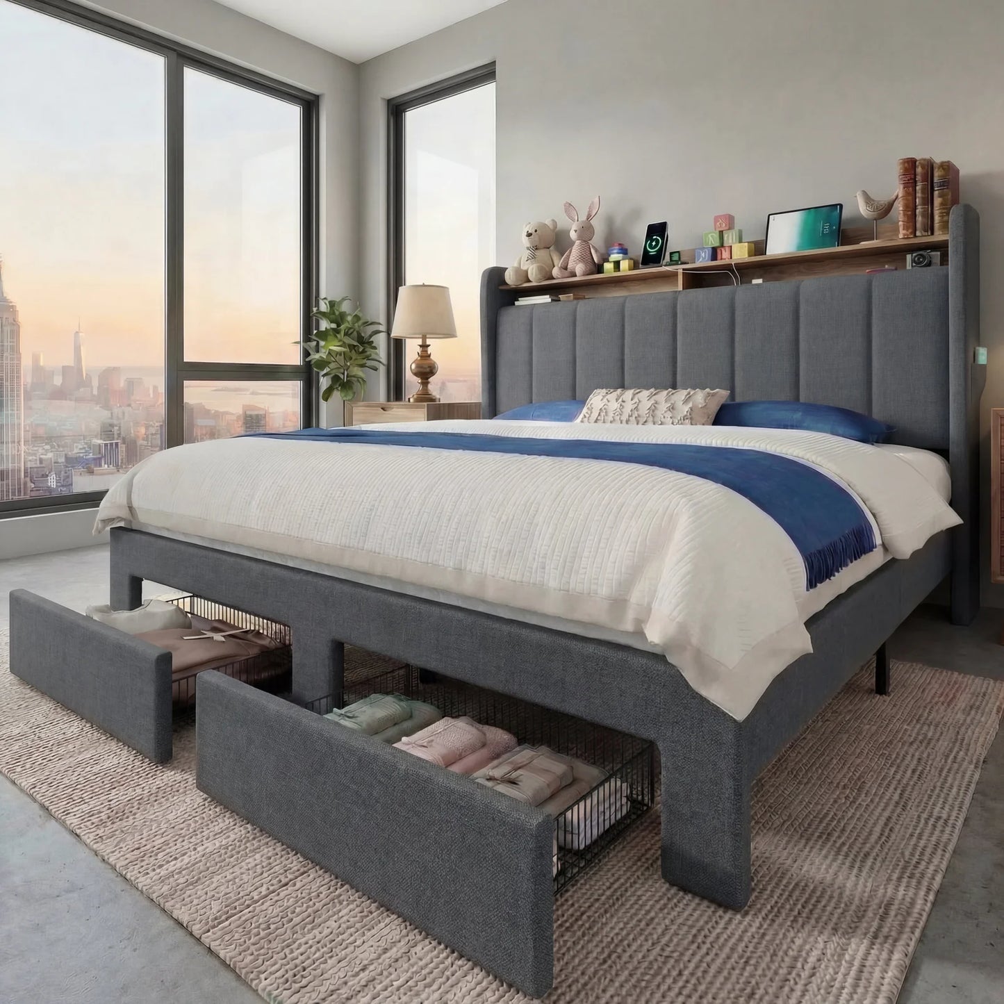 Bed Frame, 2 Storage Drawers/Tier Shelves