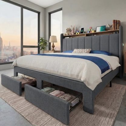 Bed Frame, 2 Storage Drawers/Tier Shelves